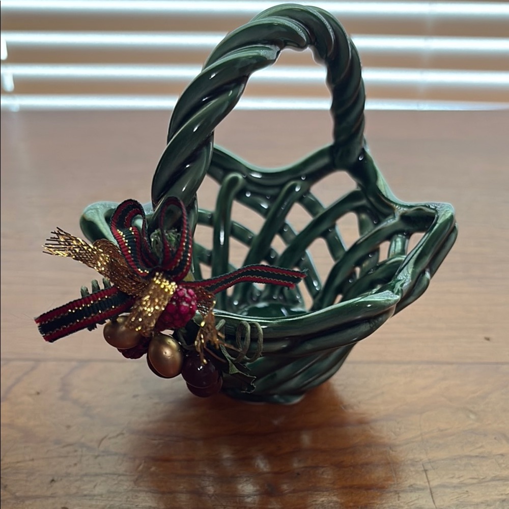 Green Woven Ceramic Basket with Decorative Accents